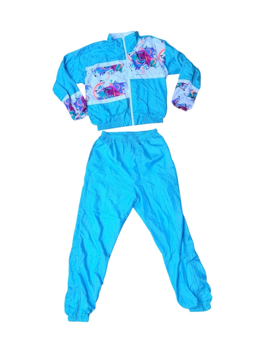 Vintage 80s Olympic Exposure Neon Blue Abstract Windbreaker Tracksuit Size Large